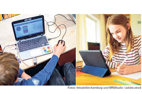 Junge vor Laptop und Mädchen vor Tablet Junge vor Laptop und Mädchen vor Tablet