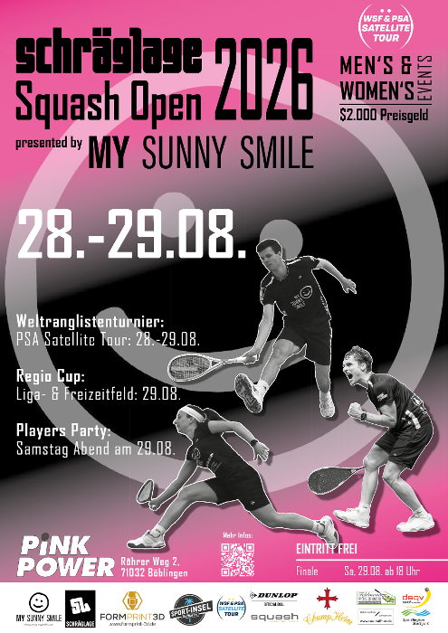 Flyer Schräglage Squash Open 2026 im Pink Power Böblingen, 28.-29.08.