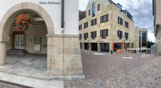 Bild Altes Rathaus und neues Rathaus mit Pfeil