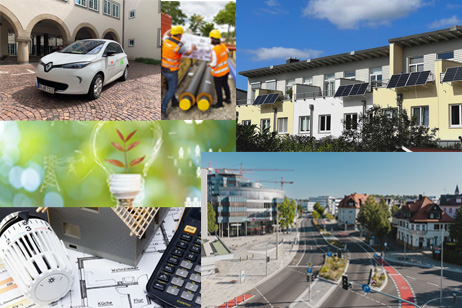 Fotos: Stadt Böblingen, Benjamin Knoblauch, Stadtwerke Böblingen, stock.adobe.com Collage mit Elektroauto, Balkonkraftwerk, Elbenplatz, Thermostat